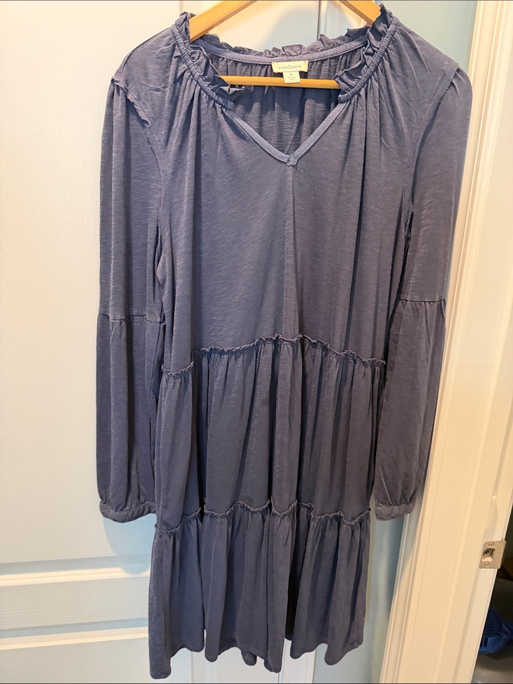 Sundance Slate Blue Ruffled Tiered V-Neck Long Sleeve Dress